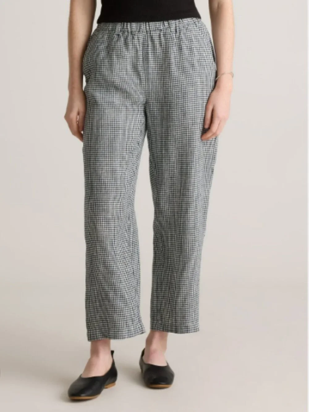 Quince 100% European Linen Pants Classic Mini Gingham Black White Pull-On Sz XL